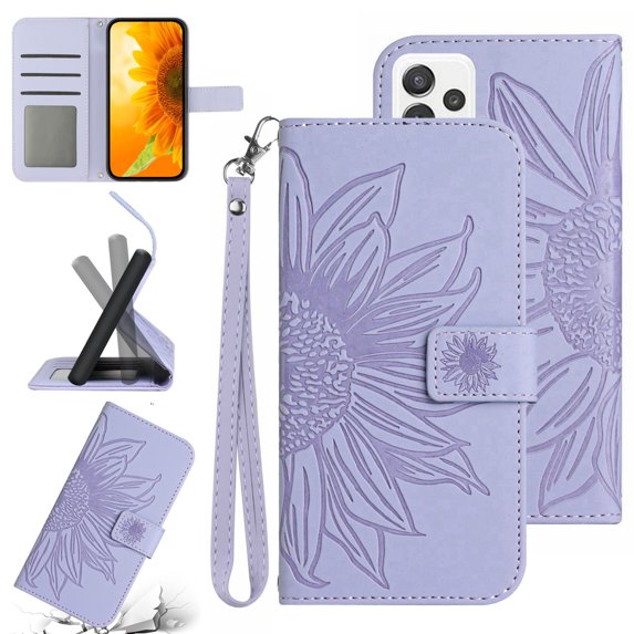 Feishell Slim Wallet Case for Samsung Galaxy A73 5G,for Men Women,Sunflower Embossed Pattern PU Leather Flip Cover Magnetic Closure Folio Card Slots Kickstand Phone Case with Hand Strap,Lightpurple