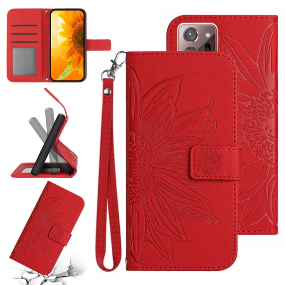 Feishell Slim Wallet Case for Samsung Galaxy Note 20 Ultra,for Men Women,Sunflower Embossed Pattern PU Leather Flip Cover Magnetic Closure Folio Card Slots Kickstand Phone Case with Hand Strap,Red