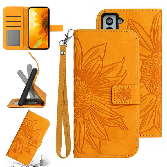 Feishell Slim Wallet Case for Samsung Galaxy S21 FE 5G,for Men Women,Sunflower Embossed Pattern PU Leather Flip Cover Magnetic Folio Card Slots Kickstand Phone Case with Hand Strap,Yellow