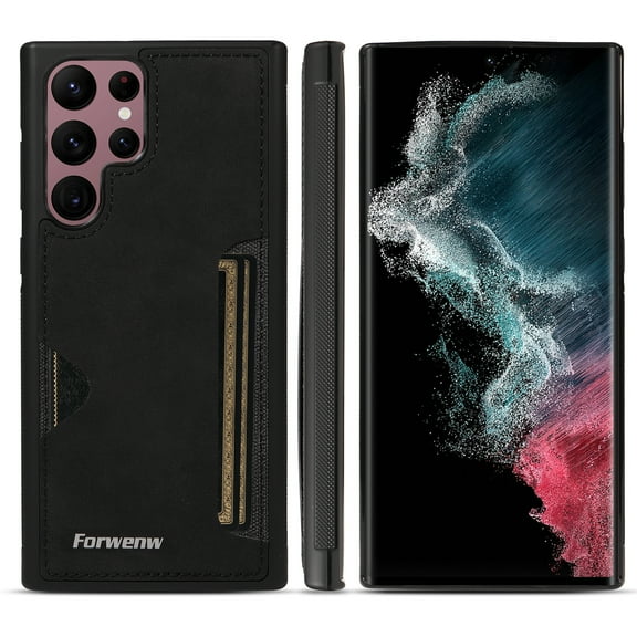 Feishell Slim Wallet Case for Samsung Galaxy S22 Ultra 6.8 inch, Durable Premium PU Leather Back Credit Card Holder Slot Shock-Absorbent Lightweight Ultra Thin Protective Phone Case,Black
