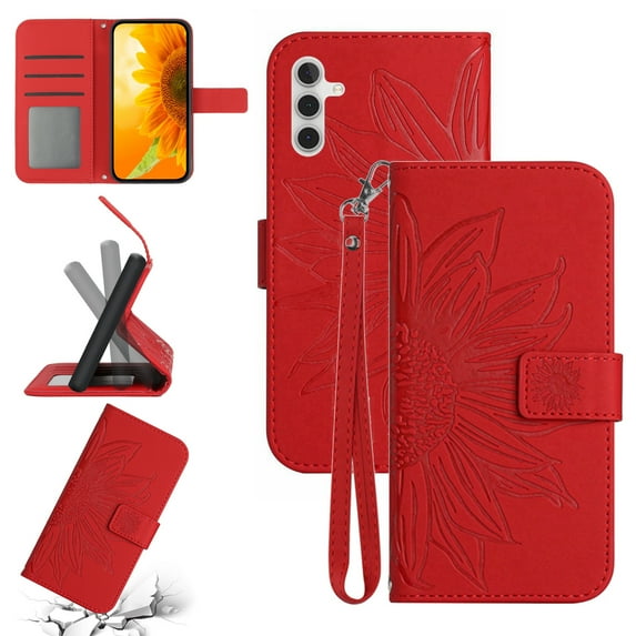 Feishell Slim Wallet Case for Samsung Galaxy S23 FE,for Men Women,Sunflower Embossed Pattern PU Leather Flip Cover Magnetic Closure Folio Card Slots Kickstand Phone Case with Hand Strap,Red