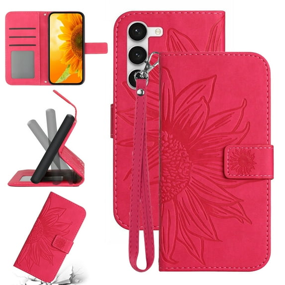 Feishell Slim Wallet Case for Samsung Galaxy S23,for Men Women,Sunflower Embossed Pattern PU Leather Flip Cover Magnetic Closure Folio Card Slots Kickstand Phone Case with Hand Strap,Rose