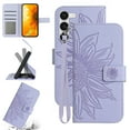 thumbnail image 1 of Feishell Slim Wallet Case for Samsung Galaxy S24,for Men Women,Sunflower Embossed Pattern PU Leather Flip Cover Magnetic Closure Folio Card Slots Kickstand Phone Case with Hand Strap,Lightpurple, 1 of 11