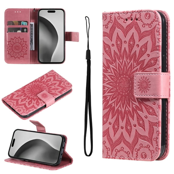 Feishell Slim Wallet Case for Samsung Galaxy S25 Plus,Shockproof Stylish Embossed Pattern PU Leather Magnetic Clasp Folio Flip Kickstand Card Slots with Wrist Strap for Women Men Phone Cover,Pink