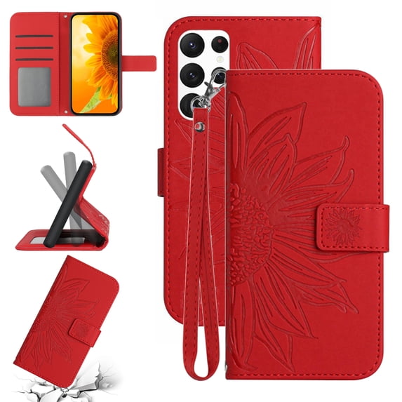 Feishell Slim Wallet Case for Samsung Galaxy S25 Ultra,for Men Women,Sunflower Embossed Pattern PU Leather Flip Cover Magnetic Closure Card Slots Stand Phone Case with Hand Strap,Red