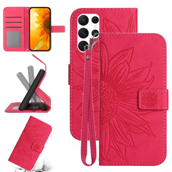 Feishell Slim Wallet Case for Samsung Galaxy S25 Ultra,for Men Women,Sunflower Embossed Pattern PU Leather Flip Cover Magnetic Closure Card Slots Stand Phone Case with Hand Strap,Rose