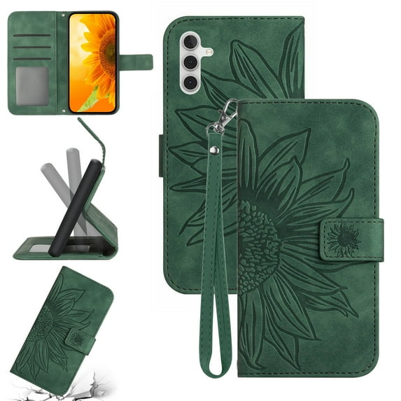 Feishell Slim Wallet Case for Samsung Galaxy S25+,for Men Women,Sunflower Embossed Pattern PU Leather Flip Cover Magnetic Closure Card Slots Stand Phone Case with Hand Strap,Green