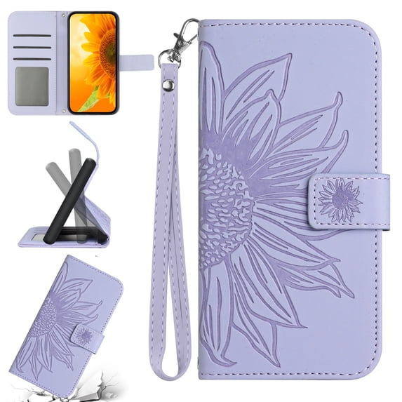 Feishell Slim Wallet Case for T-Mobile REVVL V+ 5G,for Men Women,Sunflower Embossed Pattern PU Leather Flip Cover Magnetic Closure Folio Card Slots Kickstand Phone Case with Hand Strap,Lightpurple