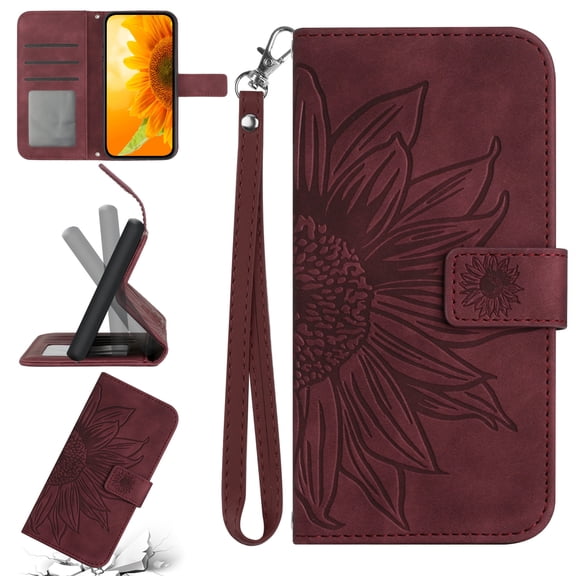 Feishell Slim Wallet Case for T-Mobile REVVL V+ 5G,for Men Women,Sunflower Embossed Pattern PU Leather Flip Cover Magnetic Closure Folio Card Slots Kickstand Phone Case with Hand Strap,Winered