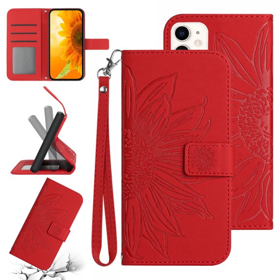 Feishell Slim Wallet Case for iPhone 11,for Men Women,Sunflower Embossed Pattern PU Leather Flip Cover Magnetic Closure Folio Card Slots Kickstand Phone Case with Hand Strap,Red