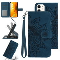 Feishell Slim Wallet Case for iPhone 11,for Men Women,Sunflower Embossed Pattern PU Leather Flip Cover Magnetic Closure Folio Card Slots Kickstand Phone Case with Hand Strap,Inkblue