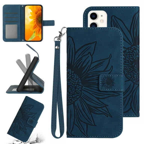 Feishell Slim Wallet Case for iPhone 11,for Men Women,Sunflower Embossed Pattern PU Leather Flip Cover Magnetic Closure Folio Card Slots Kickstand Phone Case with Hand Strap,Inkblue