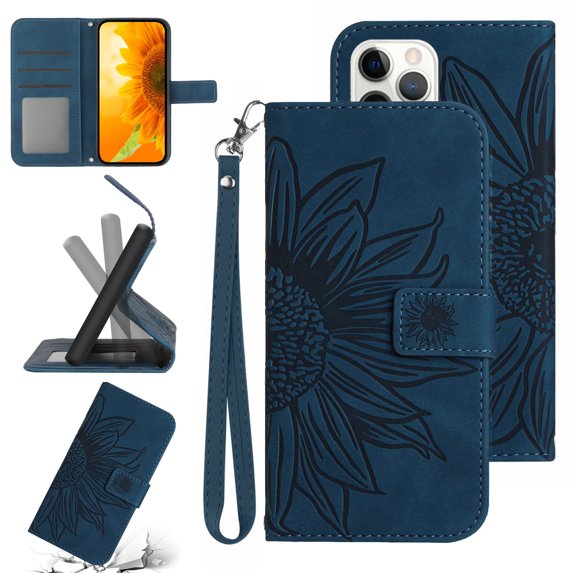 Feishell Slim Wallet Case for iPhone 12/12 Pro 6.1 ",for Men Women,Sunflower Embossed Pattern PU Leather Flip Cover Magnetic Closure Folio Card Slots Kickstand Phone Case with Hand Strap,Inkblue