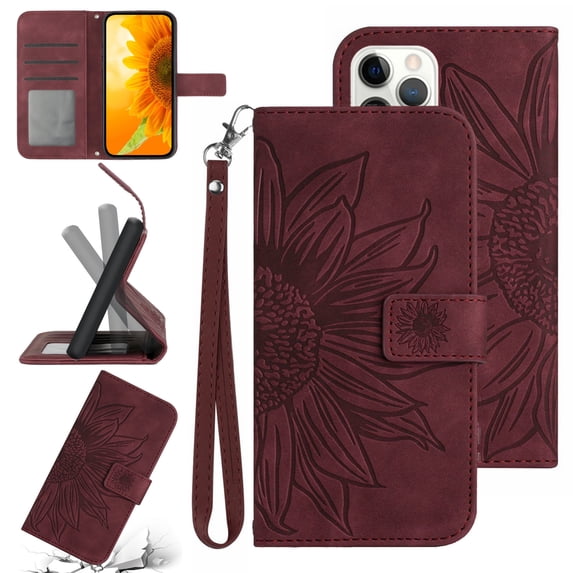 Feishell Slim Wallet Case for iPhone 12 Pro Max,for Men Women,Sunflower Embossed Pattern PU Leather Flip Cover Magnetic Closure Folio Card Slots Kickstand Phone Case with Hand Strap,Winered