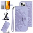 thumbnail image 1 of Feishell Slim Wallet Case for iPhone 12 Pro Max,for Men Women,Sunflower Embossed Pattern PU Leather Flip Cover Magnetic Closure Folio Card Slots Kickstand Phone Case with Hand Strap,Lightpurple, 1 of 10