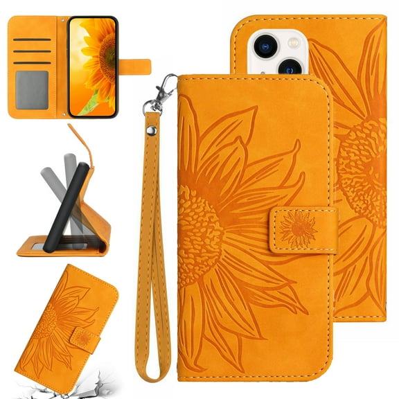 Feishell Slim Wallet Case for iPhone 13,for Men Women,Sunflower Embossed Pattern PU Leather Flip Cover Magnetic Closure Folio Card Slots Kickstand Phone Case with Hand Strap,Yellow