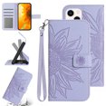 thumbnail image 1 of Feishell Slim Wallet Case for iPhone 13,for Men Women,Sunflower Embossed Pattern PU Leather Flip Cover Magnetic Closure Folio Card Slots Kickstand Phone Case with Hand Strap,Lightpurple, 1 of 10