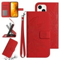 thumbnail image 1 of Feishell Slim Wallet Case for iPhone 13,for Men Women,Sunflower Embossed Pattern PU Leather Flip Cover Magnetic Closure Folio Card Slots Kickstand Phone Case with Hand Strap,Red, 1 of 10