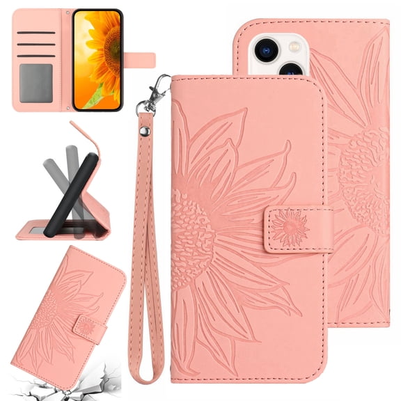 Feishell Slim Wallet Case for iPhone 13,for Men Women,Sunflower Embossed Pattern PU Leather Flip Cover Magnetic Closure Folio Card Slots Kickstand Phone Case with Hand Strap,Pink