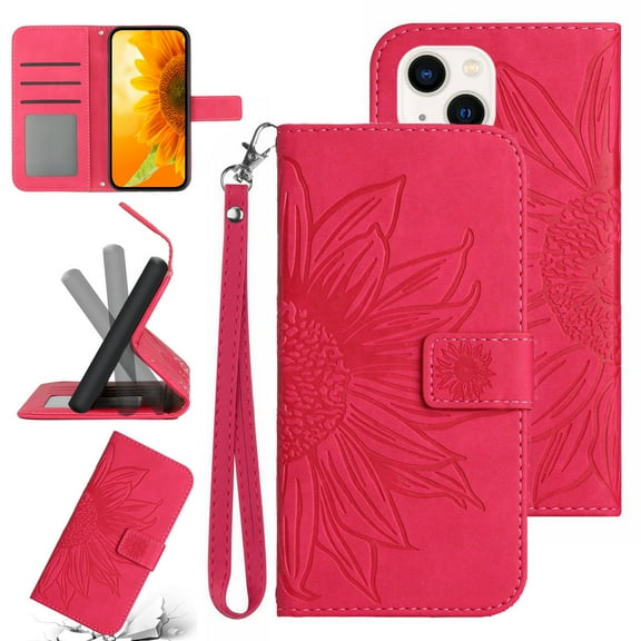 Feishell Slim Wallet Case for iPhone 13 mini,for Men Women,Sunflower Embossed Pattern PU Leather Flip Cover Magnetic Closure Folio Card Slots Kickstand Phone Case with Hand Strap,Rose