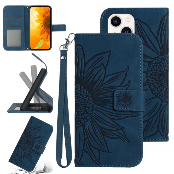 Feishell Slim Wallet Case for iPhone 13 mini,for Men Women,Sunflower Embossed Pattern PU Leather Flip Cover Magnetic Closure Folio Card Slots Kickstand Phone Case with Hand Strap,Inkblue