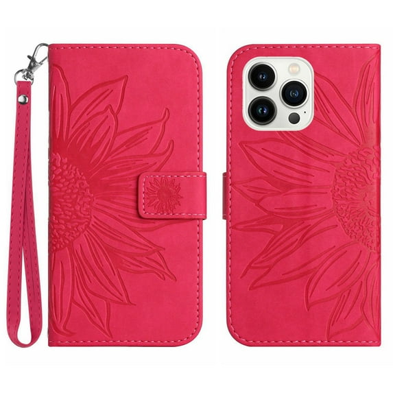 Feishell Slim Wallet Case for iPhone 15 Pro 6.1 inch,for Men Women,Sunflower Embossed Pattern PU Leather Flip Cover Magnetic Closure Folio Card Slots Kickstand Phone Case with Hand Strap,Rose