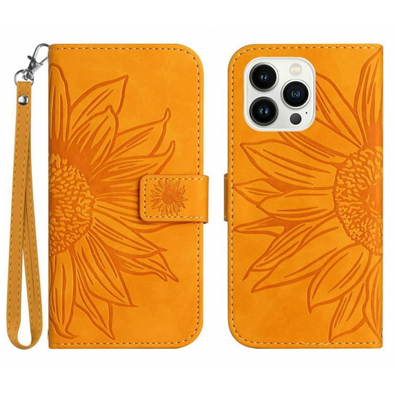 Feishell Slim Wallet Case for iPhone 15 Pro 6.1 inch,for Men Women,Sunflower Embossed Pattern PU Leather Flip Cover Magnetic Closure Folio Card Slots Kickstand Phone Case with Hand Strap,Yellow