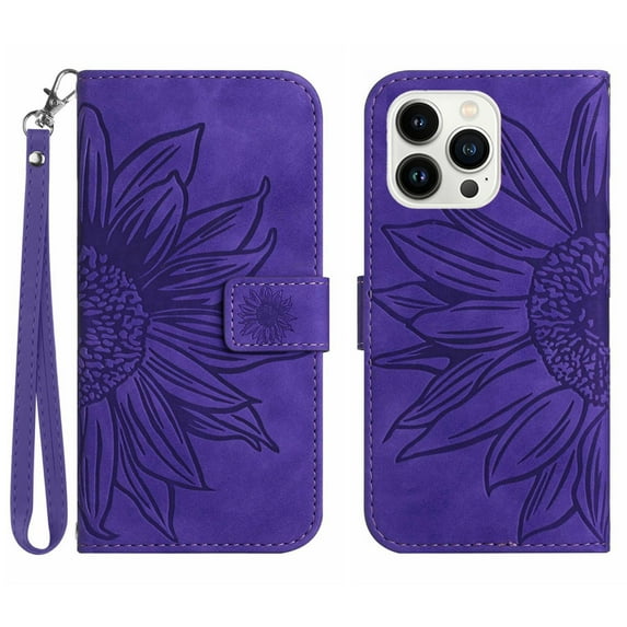 Feishell Slim Wallet Case for iPhone 15 Pro Max,for Men Women,Sunflower Embossed Pattern PU Leather Flip Cover Magnetic Closure Folio Card Slots Kickstand Phone Case with Hand Strap,Darkpurple