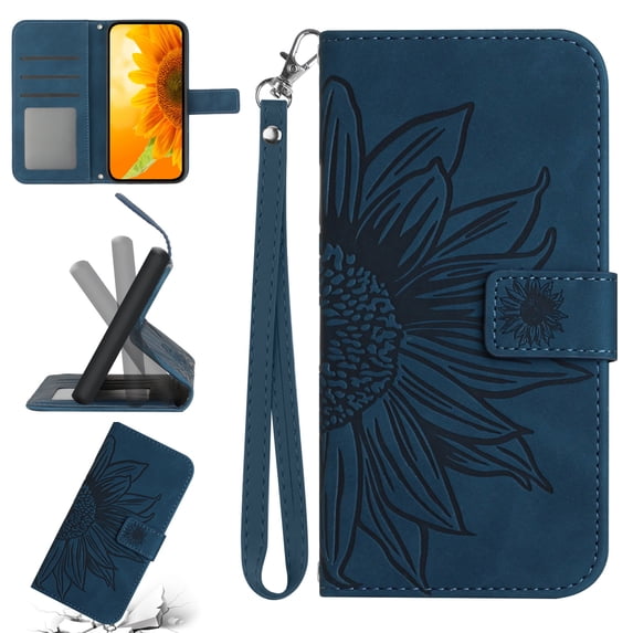 Feishell Slim Wallet Case for iPhone 16 Pro,for Men Women,Sunflower Embossed Pattern PU Leather Flip Cover Magnetic Closure Card Slots Stand Phone Case with Hand Strap,Inkblue