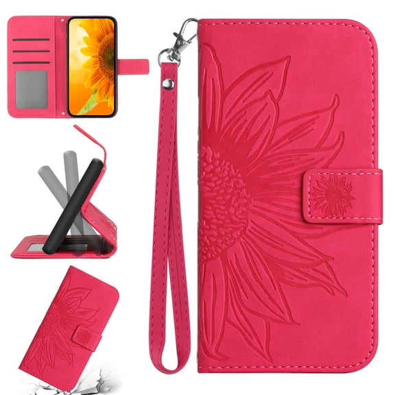 Feishell Slim Wallet Case for iPhone 16 Pro,for Men Women,Sunflower Embossed Pattern PU Leather Flip Cover Magnetic Closure Card Slots Stand Phone Case with Hand Strap,Rose