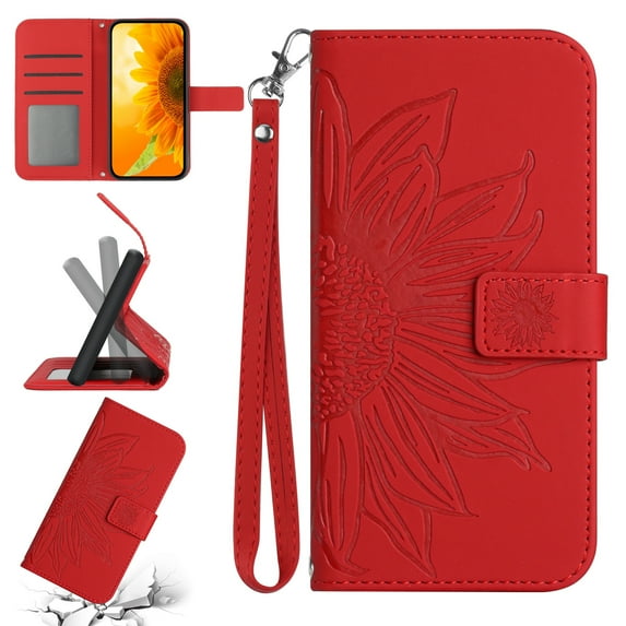 Feishell Slim Wallet Case for iPhone 16 Pro,for Men Women,Sunflower Embossed Pattern PU Leather Flip Cover Magnetic Closure Card Slots Stand Phone Case with Hand Strap,Red