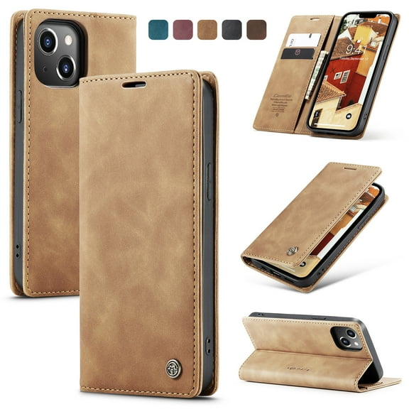 Feishell Slim Wallet Phone Case for Apple iPhone 14 6.1 inch,Premium PU Leather Magnetic Closure Folio ID Credit Card Slots Shockproof Protective Flip Kickstand Phone Cover,Brown