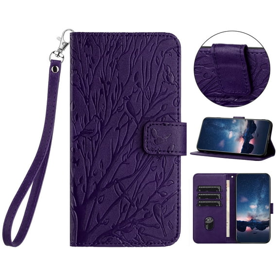 Feishell Slim Wallet Phone Case for Google Pixel 8,Embossed Pattern PU Leather Shockproof Magnetic Clasp Folio Flip Kickstand Card Holder Slots Phone Case with Wrist Strap,Purple