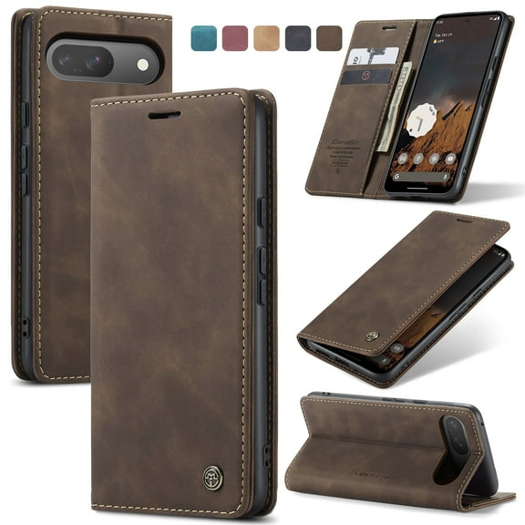 Feishell Slim Wallet Phone Case for Google Pixel 9 / 9 Pro,Premium PU Leather Magnetic Closure Folio ID Credit Card Slots Shockproof Protective Flip Kickstand Phone Cover,Coffee