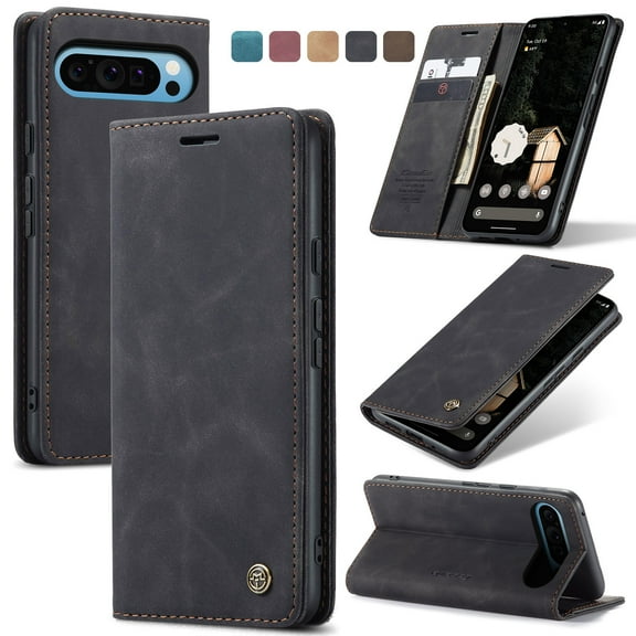 Feishell Slim Wallet Phone Case for Google Pixel 9A,Premium PU Leather Magnetic Closure Folio ID Credit Card Slots Shockproof Protective Flip Kickstand Phone Cover,Black