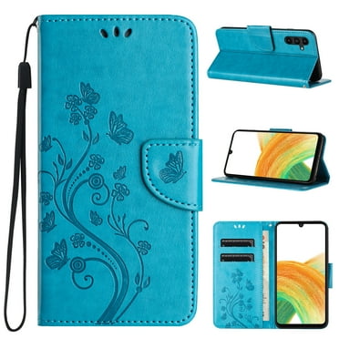 Feishell Slim Wallet Phone Case for Samsung Galaxy A15 ,Butterfly & Floral Embossed PU Leather Anti-Scratch Shockproof Magnetic Clasp Flip Kickstand Credit Card Slots Phone Cover,Blue