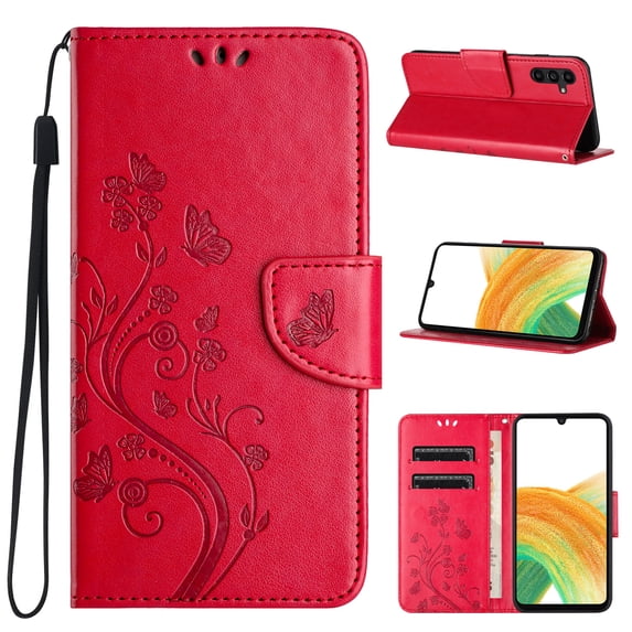 Feishell Slim Wallet Phone Case for Samsung Galaxy A16 5G ,Butterfly & Floral Embossed PU Leather Anti-Scratch Shockproof Magnetic Clasp Flip Kickstand Credit Card Slots Phone Cover,Red
