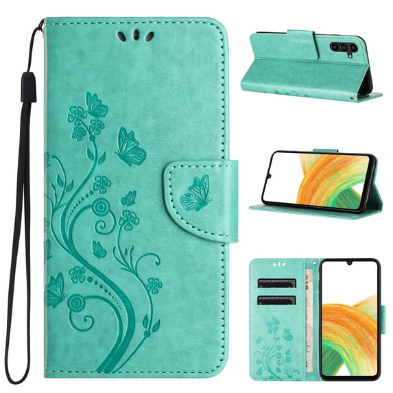 Feishell Slim Wallet Phone Case for Samsung Galaxy A16 5G ,Butterfly & Floral Embossed PU Leather Anti-Scratch Shockproof Magnetic Clasp Flip Kickstand Credit Card Slots Phone Cover,Mint