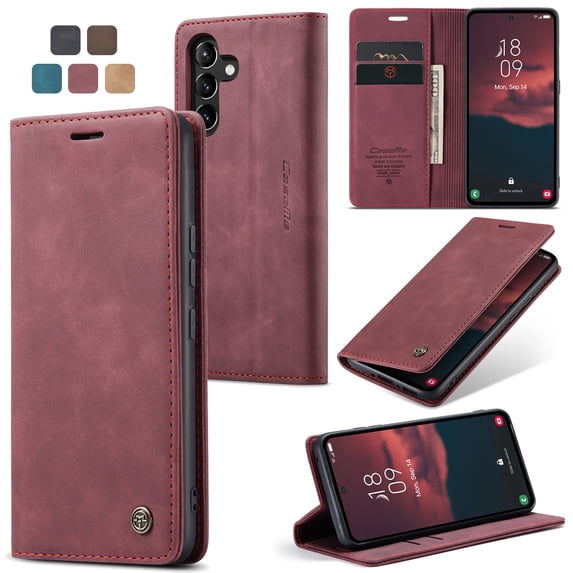 Feishell Slim Wallet Phone Case for Samsung Galaxy A34 5G 6.6 inch,Premium PU Leather Magnetic Closure Folio ID Credit Card Slots Shockproof Protective Flip Kickstand Phone Cover,Winered