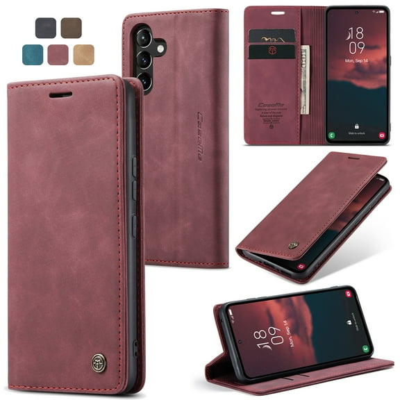 Feishell Slim Wallet Phone Case for Samsung Galaxy A54 5G 6.4 inch,Premium PU Leather Magnetic Closure Folio ID Credit Card Slots Shockproof Protective Flip Kickstand Phone Cover,Winered