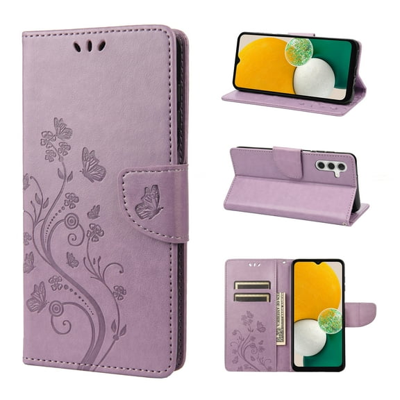 Feishell Slim Wallet Phone Case for Samsung Galaxy A54 5G,Butterfly & Floral Embossed PU Leather Anti-Scratch Shockproof Magnetic Clasp Flip Kickstand Credit Card Slots Phone Cover,Lightpurple