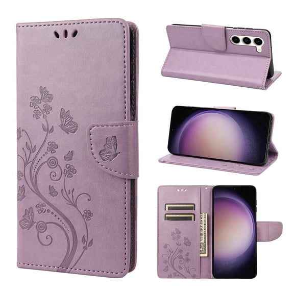 Feishell Slim Wallet Phone Case for Samsung Galaxy S23,Butterfly & Floral Embossed PU Leather Anti-Scratch Shockproof Magnetic Clasp Flip Kickstand Credit Card Slots Phone Cover,Lightpurple