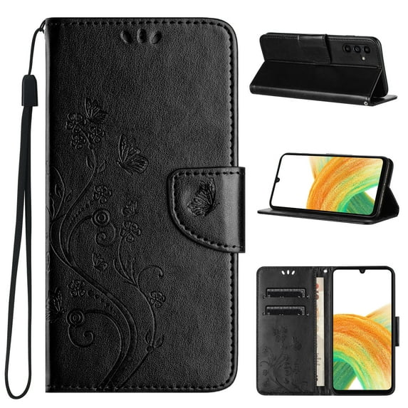 Feishell Slim Wallet Phone Case for Samsung Galaxy S25 ,Butterfly & Floral Embossed PU Leather Anti-Scratch Shockproof Magnetic Clasp Flip Kickstand Credit Card Slots Phone Cover,Black