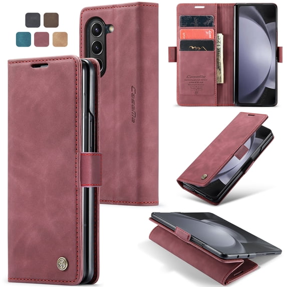 Feishell Slim Wallet Phone Case for Samsung Galaxy Z Fold 6 7.6 inch,Premium PU Leather Magnetic Closure Folio ID Credit Card Slots Shockproof Protective Flip Kickstand Phone Cover,Winered