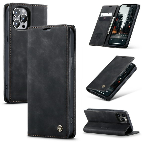 Feishell Slim Wallet Phone Case for iPhone 13 Pro Max 6.7 inch,Premium PU Leather Magnetic Closure Folio ID Credit Card Slots Shockproof Protective Flip Kickstand Phone Cover,Black
