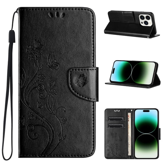 Feishell Slim Wallet Phone Case for iPhone 16,Butterfly & Floral Embossed PU Leather Anti-Scratch Shockproof Magnetic Clasp Flip Kickstand Credit Card Slots Phone Cover,Black
