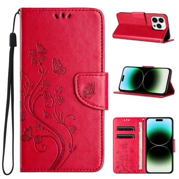 Feishell Slim Wallet Phone Case for iPhone 16 Plus,Butterfly & Floral Embossed PU Leather Anti-Scratch Shockproof Magnetic Clasp Flip Kickstand Credit Card Slots Phone Cover,Red