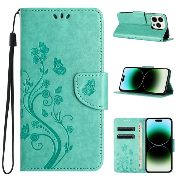 Feishell Slim Wallet Phone Case for iPhone 16 Plus,Butterfly & Floral Embossed PU Leather Anti-Scratch Shockproof Magnetic Clasp Flip Kickstand Credit Card Slots Phone Cover,Mint