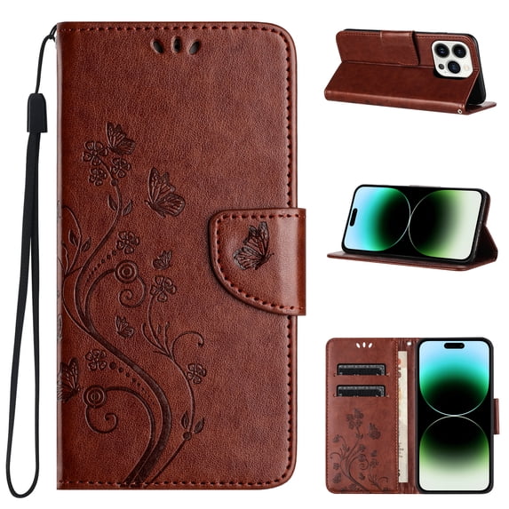 Feishell Slim Wallet Phone Case for iPhone 16 Plus,Butterfly & Floral Embossed PU Leather Anti-Scratch Shockproof Magnetic Clasp Flip Kickstand Credit Card Slots Phone Cover,Brown