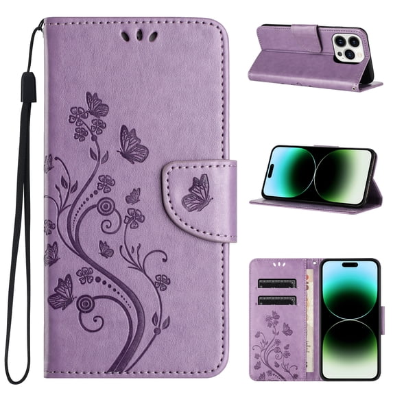 Feishell Slim Wallet Phone Case for iPhone 16 Pro Max,Butterfly & Floral Embossed PU Leather Anti-Scratch Shockproof Magnetic Clasp Flip Kickstand Credit Card Slots Phone Cover,Lightpurple